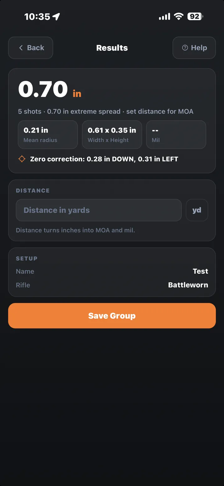 Group analyzer results with group size and zero correction
