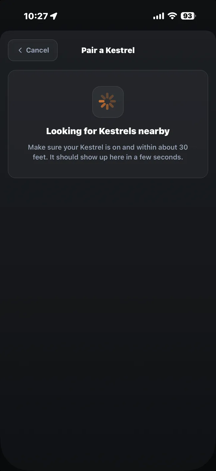 Kestrel pairing screen showing live data streaming in