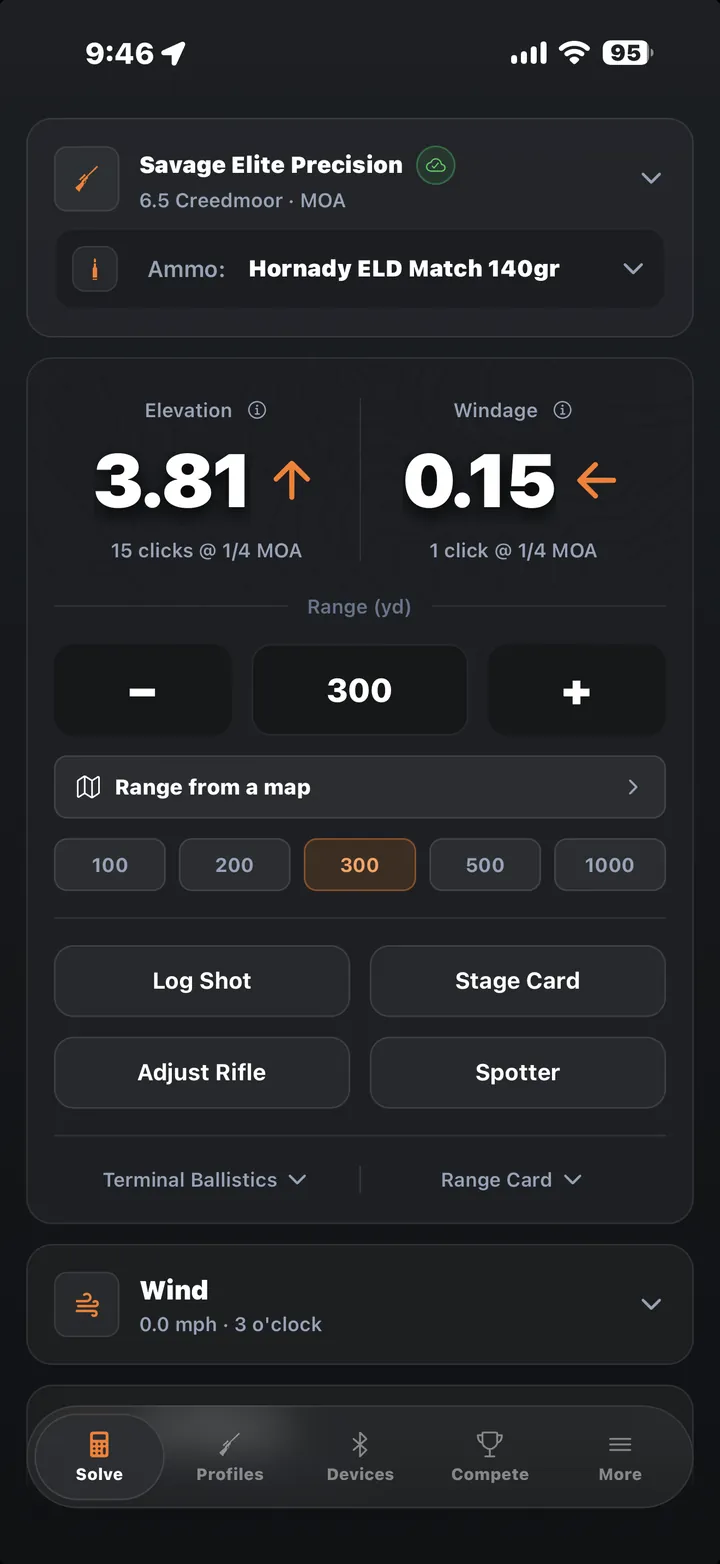 Atlas Ballistics solve screen showing elevation and windage solution