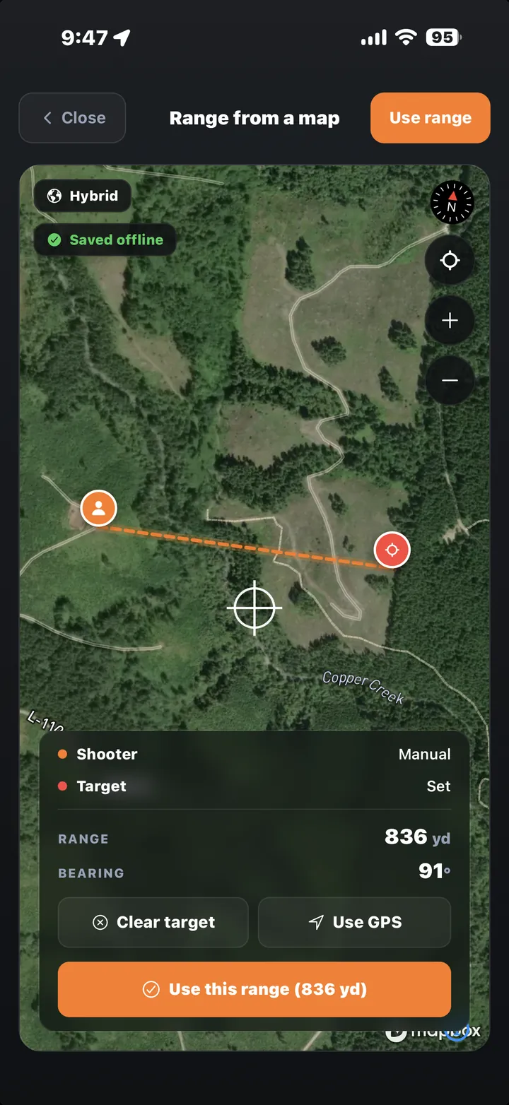 Ranging a target by dropping a pin on the satellite map